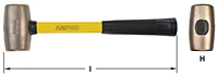 Image of a mallet with a bronze cylinder head, yellow handle with “AMPCO” etched on handle neck and black grip, shown from two angles. First angle displays the side profile, revealing the full length of the handle.  The second angle highlights the head of